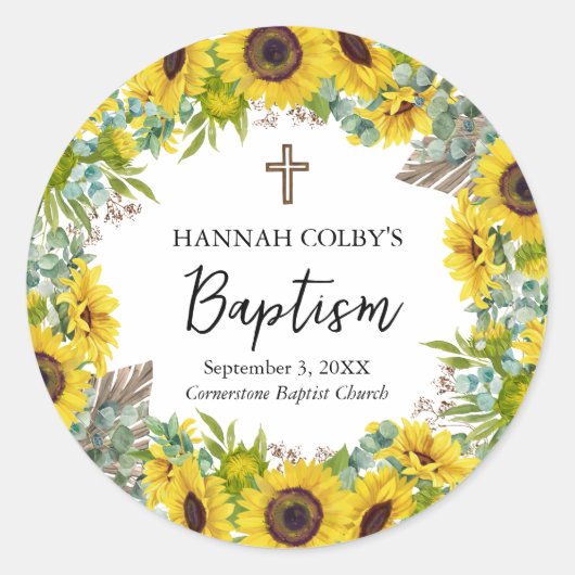 Sunflower & Eucalyptus Boho Cross Baptism ラウンドシール (正面)