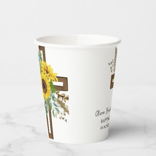 Sunflower & Eucalyptus Boho Cross Baptism 紙コップ (左)