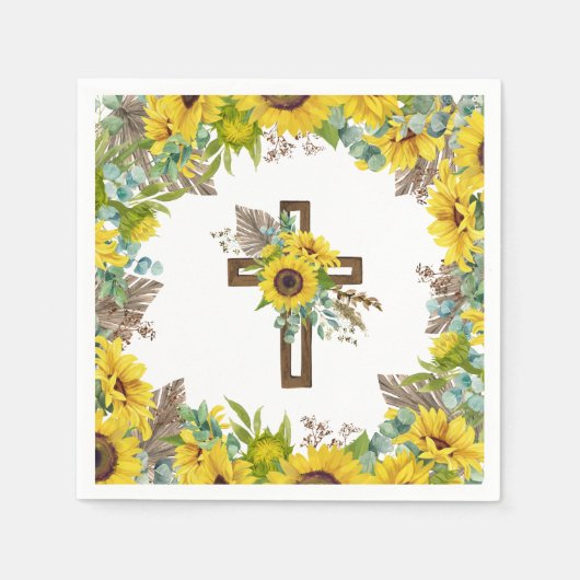 Sunflower Eucalyptus Palm Boho Cross Baptism スタンダードカクテルナプキン (正面)