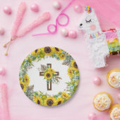 Sunflower Eucalyptus Palm Boho Cross Baptism ペーパープレート (パーティー)