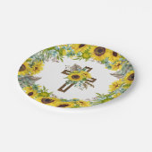 Sunflower Eucalyptus Palm Boho Cross Baptism ペーパープレート (アングル)