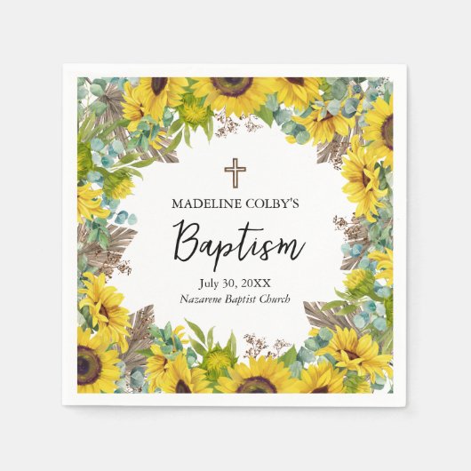 Sunflower Eucalyptus Palm Boho Square Baptism スタンダードカクテルナプキン (正面)