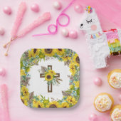 Sunflower Eucalyptus Palm Boho Square Baptism ペーパープレート (パーティー)