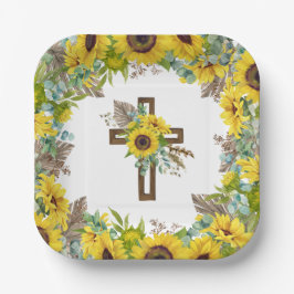 Sunflower Eucalyptus Palm Boho Square Baptism ペーパープレート