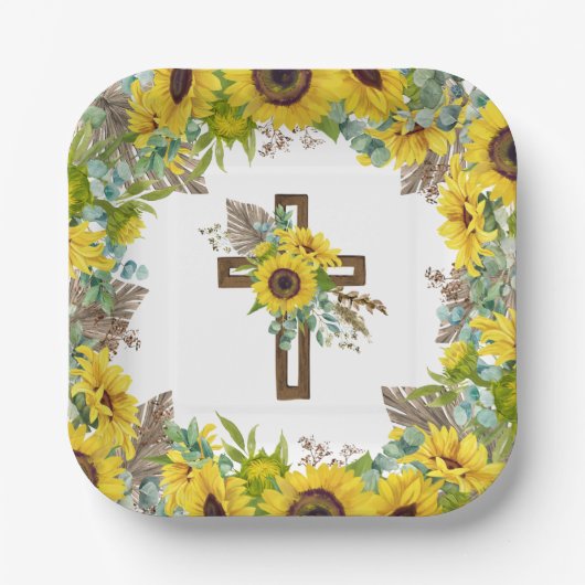 Sunflower Eucalyptus Palm Boho Square Baptism ペーパープレート (正面)