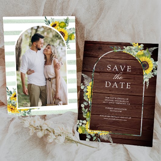 Sunflower Eucalyptus Photo Wood Wedding セーブザデート