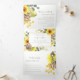 SUNFLOWER EUCALYPTUS WATERCOLOR FLORAL WEDDING 三つ折り招待状