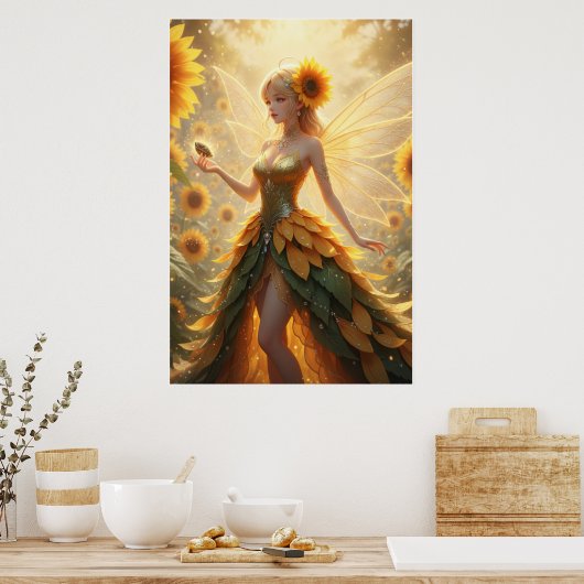 Sunflower Fairy Fantasy Illustration Poster ポスター (キッチン)