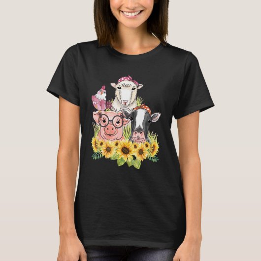 Sunflower Farm Animals Chicken Sheep Cow Pig Tシャツ (正面)