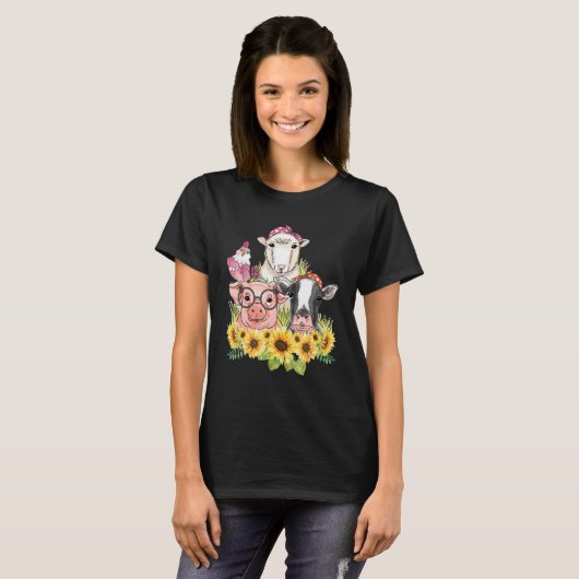 Sunflower Farm Animals Chicken Sheep Cow Pig Tシャツ (正面フル)
