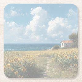 Sunflower Field Path to the Sea | Acrylic   スクエアペーパーコースター