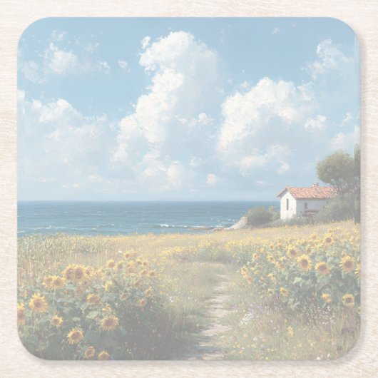 Sunflower Field Path to the Sea | Acrylic   スクエアペーパーコースター (正面)