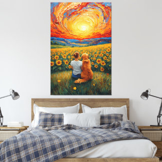 Sunflower Field Sunset Dog and Girl Art キャンバスプリント