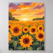 Sunflower Field Sunset Landscape Painting ポスター (正面)