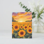 Sunflower Field Sunset Landscape Painting ポストカード (スタンド正面)