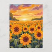 Sunflower Field Sunset Landscape Painting ポストカード (正面)