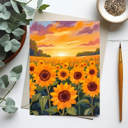 Sunflower Field Sunset Landscape Painting ポストカード
