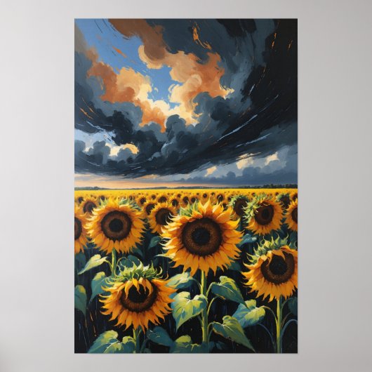 Sunflower Field Under Dramatic Sky Landscape Paint ポスター (正面)