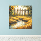 Sunflower Field With Rustic Fence キャンバスプリント (インサイチュ (ウッドフロア))