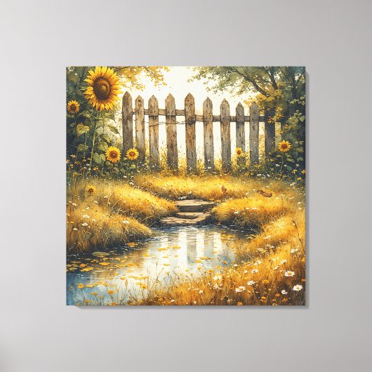 Sunflower Field With Rustic Fence キャンバスプリント (正面)