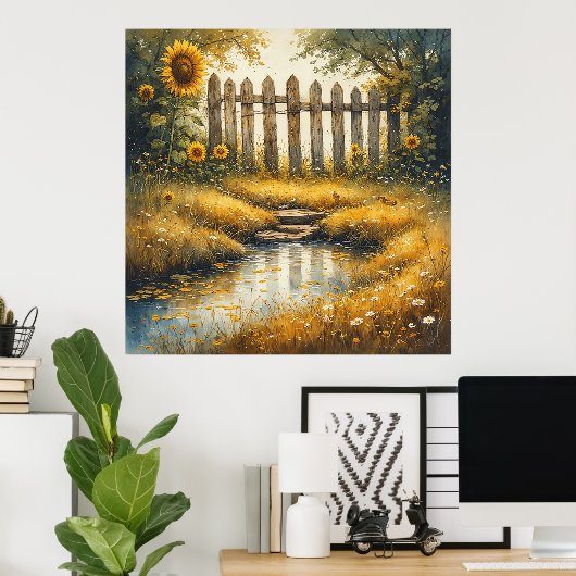Sunflower Field With Rustic Fence ポスター (ホームオフィス)