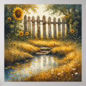 Sunflower Field With Rustic Fence ポスター (正面)