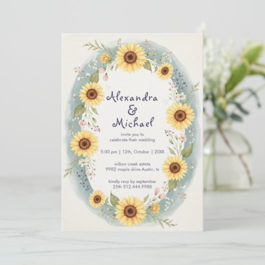 Sunflower Floral Watercolor Wedding Invite 招待状 (スタンド正面)