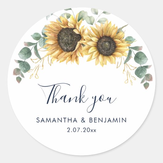 Sunflower Floral Wedding Thank You Favor ラウンドシール (正面)