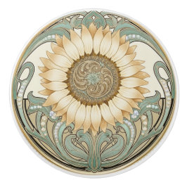 Sunflower Flower Green Cream Gold Art Deco Nouveau セラミックノブ