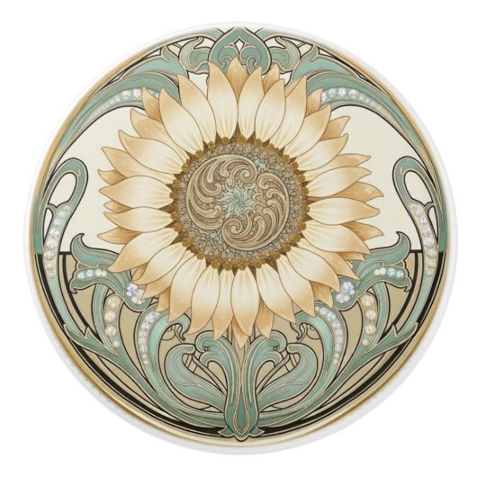 Sunflower Flower Green Cream Gold Art Deco Nouveau セラミックノブ (正面)