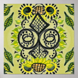Sunflower Folk Art Pattern ポスター
