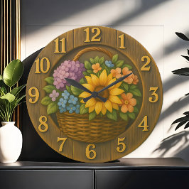 Sunflower Garden Basket Wooden Wall Clock ラージ壁時計