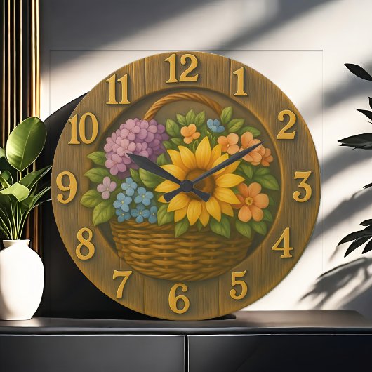 Sunflower Garden Basket Wooden Wall Clock ラージ壁時計