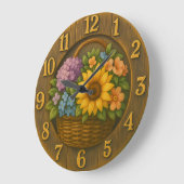 Sunflower Garden Basket Wooden Wall Clock ラージ壁時計 (傾斜)