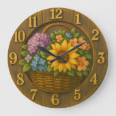 Sunflower Garden Basket Wooden Wall Clock ラージ壁時計 (正面)