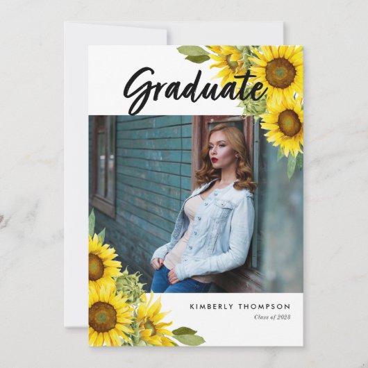 Sunflower Graduation Photo Rustic Floral QR Code 招待状 (正面)
