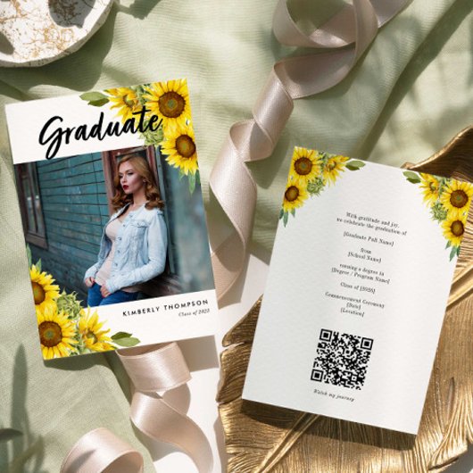 Sunflower Graduation Photo Rustic Floral QR Code 招待状