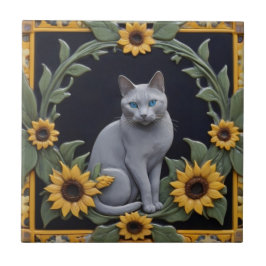 Sunflower Grey Cats - Gray Cat & Yellow Sunflowers タイル
