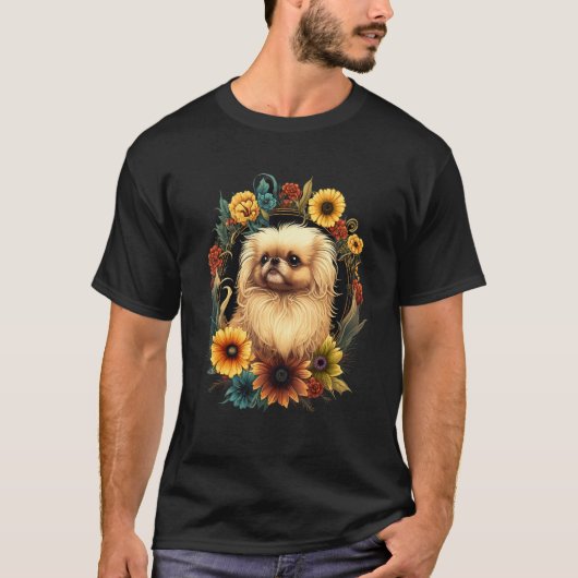 Sunflower Hippie Floral Pekingese Dog Tシャツ (正面)