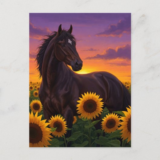 Sunflower Horse at Sunset Elegant Art Postcard シーズンポストカード (正面)