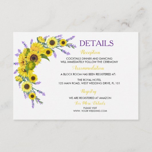 Sunflower & Lavender Vintage Floral Wedding エンクロージャーカード (正面)