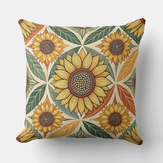 Sunflower & Leaf Pattern | Nature-Inspired Quilted クッション (正面)