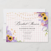 Sunflower Lilac Pink Gingham Rustic Bridal Shower 招待状 (正面)