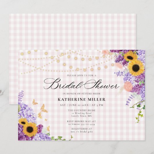 Sunflower Lilac Pink Gingham Rustic Bridal Shower 招待状 (正面/裏面)