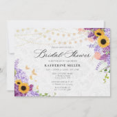 Sunflower Lilac String Lights Rustic Bridal Shower 招待状 (正面)