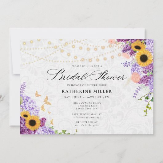 Sunflower Lilac String Lights Rustic Bridal Shower 招待状 (正面)