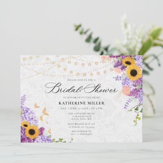 Sunflower Lilac String Lights Rustic Bridal Shower 招待状 (スタンド正面)
