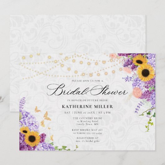 Sunflower Lilac String Lights Rustic Bridal Shower 招待状 (正面/裏面)