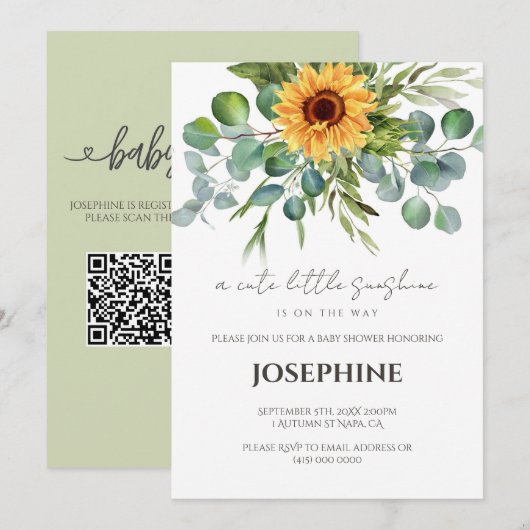 Sunflower Little Sunshine QR Registry Baby Shower  招待状 (正面/裏面)