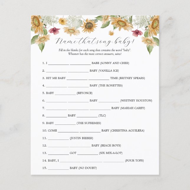 Sunflower Name that Song Baby Shower game (正面)